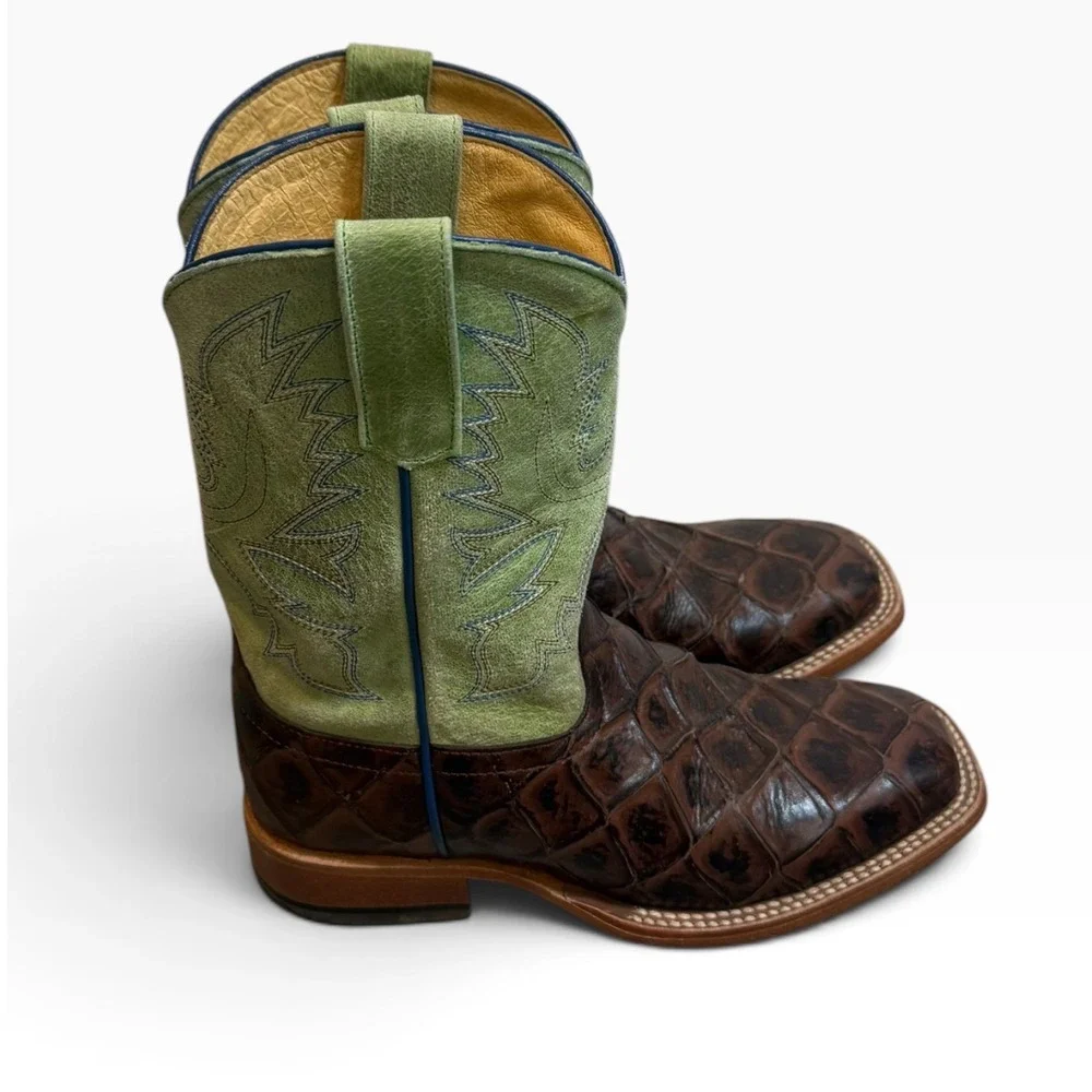 Horse Power Kids Cowboy Boots Brown Fish Print Green leather Square Toe Size 3